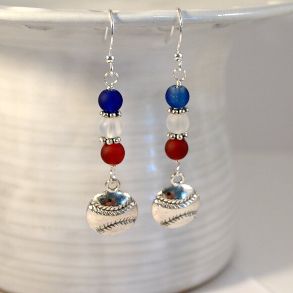 Baseball Earrings Red White Blue Earrings Sea Glass Dangle Pierced Earrings - Picture 5 of 9